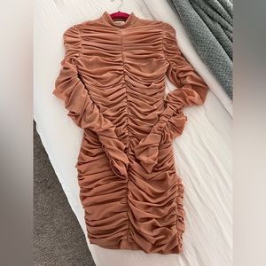 House of CB London Soleil Nude Dusty Pink Ruched Long Sleeve Stretch Dress (M)